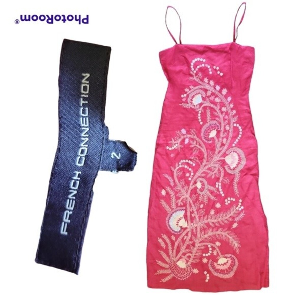 French Connection Pink Embroidered & Beaded Linen[Looking] Midi Dress - 2